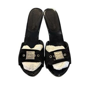 CHANEL Black Mules with Silver Accents and Suede Top